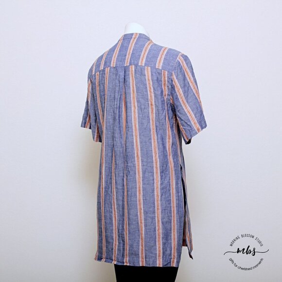 A.L.C. Striped V Neck Short Sleeve Linen Blend Long Tunic - Picture 6 of 9